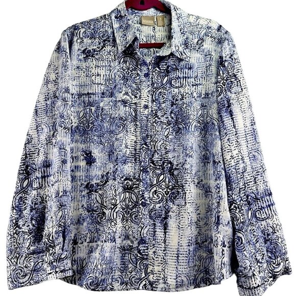 Chico's Fleur-de-lis Blouse Women’s Size 3 Blue XL/16 Easy Care Button Down - Picture 15 of 15